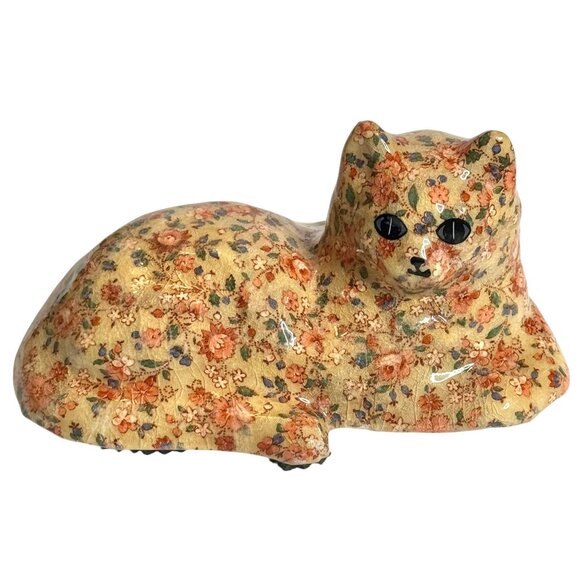 Vintage MCM Cat Vintage Ceramic Cat 70s Decoupage Beige Patchwork - Picture 5 of 9